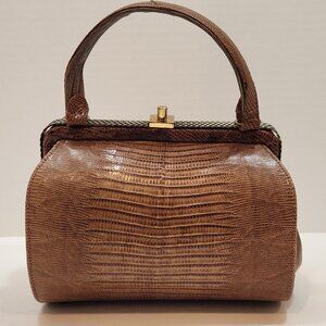 Vintage 50s Sterling Genuine Lizard Barrel Shaped Bag W/Metal Basketweave Trim
